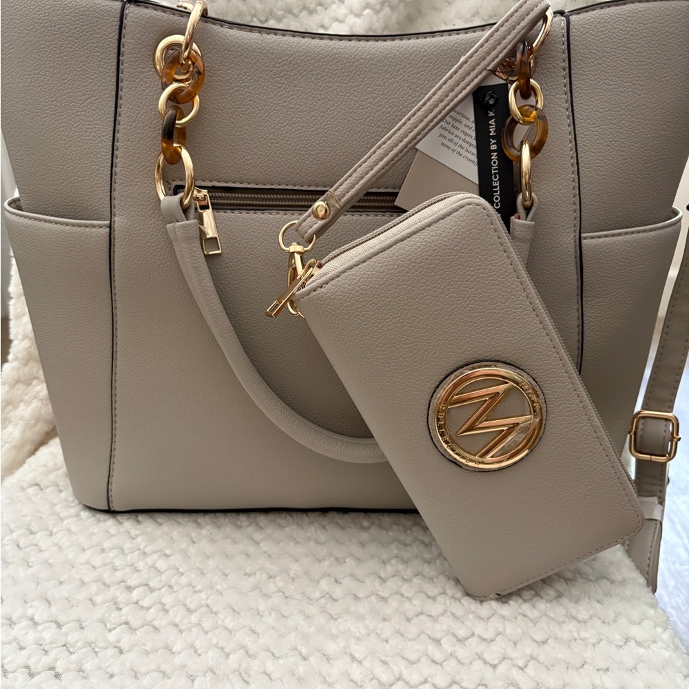 MKF Collection Cream Shoulder Bag and Wallet Set